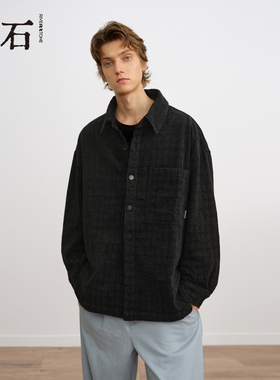 流石男装华夫格黑色衬衫外套2025年冬季新款男士时尚经典复古夹克