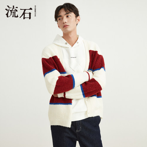流石男装时尚条纹宽松针织开衫潮