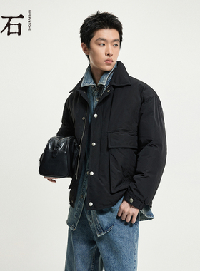 流石男装工装短款羽绒服2025年冬季新款男士翻领衬衫式白鸭绒外套