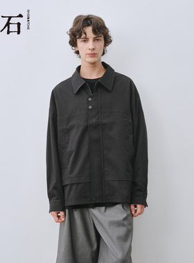 流石男装简约工装风宽松夹克2026年秋季新款男士黑色天丝休闲外套