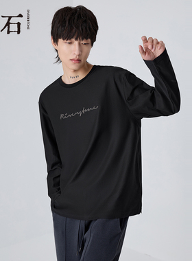RS流石男装时尚字母刺绣长袖T恤2026年秋季新款男士黑色休闲上衣