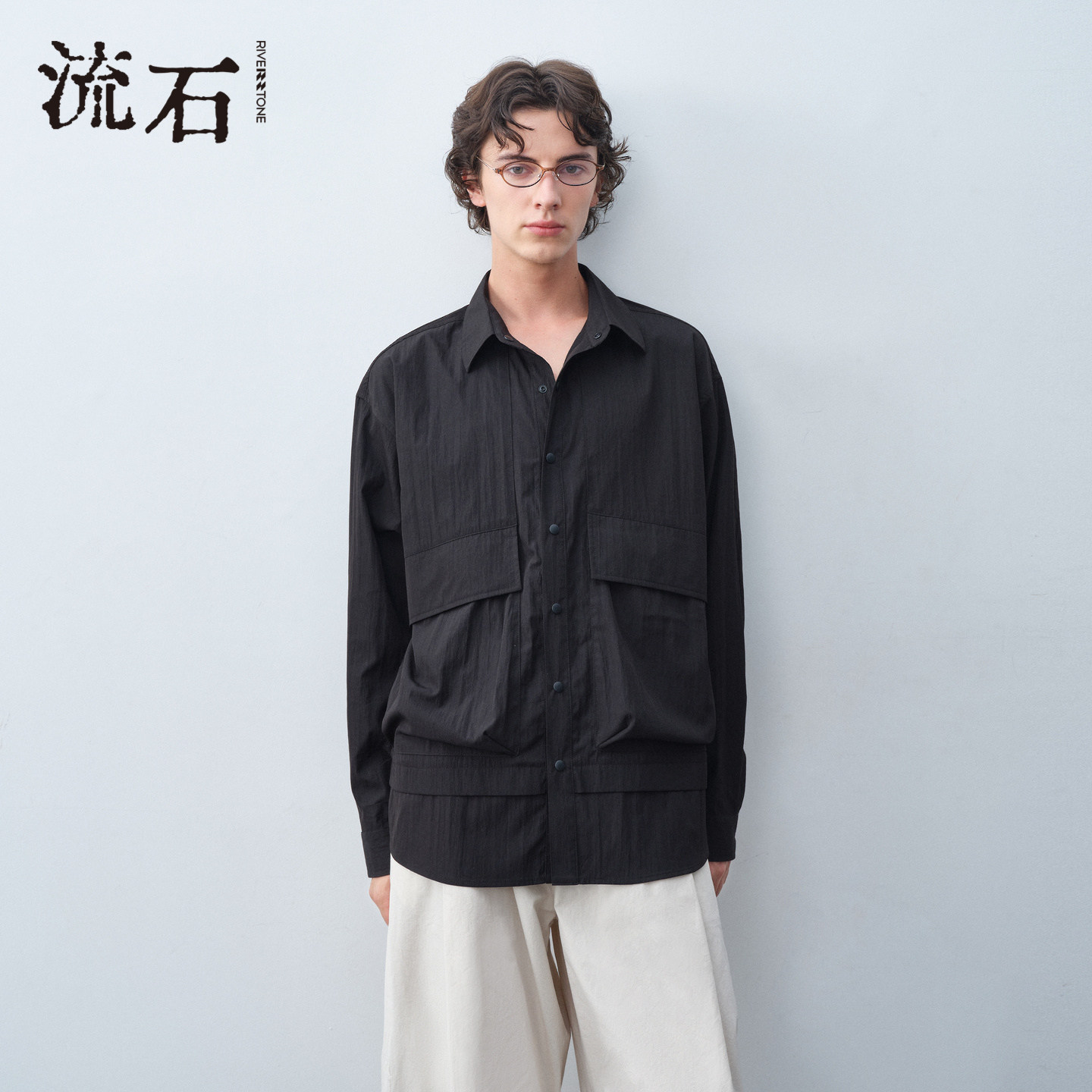 流石男装日系工装风衬衫2026年春秋季男士时尚宽松大口袋简约衬衣