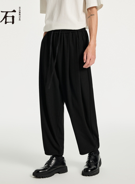 流石男装黑色针织休闲长裤2026年春季新款男士竖条肌理感直筒裤子