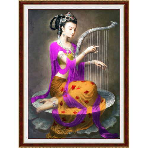 青飞人物敦煌之莲塘乐女之莲台琴音飞天十字绣抚琴美女祈福仙女