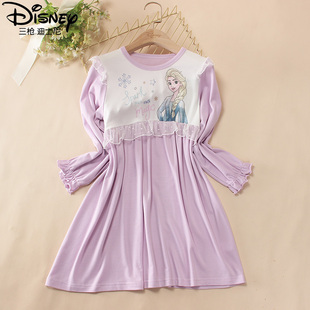 新品专柜迪士尼3岁以上女童家居裙秋女孩零碳莫代尔圆领长袖睡裙