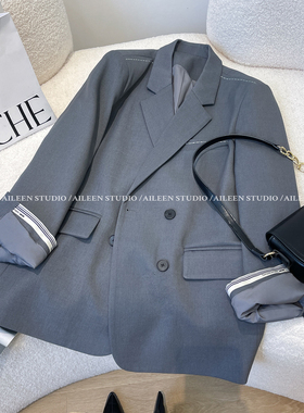 灰色西装外套女2025春装新款韩版宽松双排扣高级感百搭小西服上衣