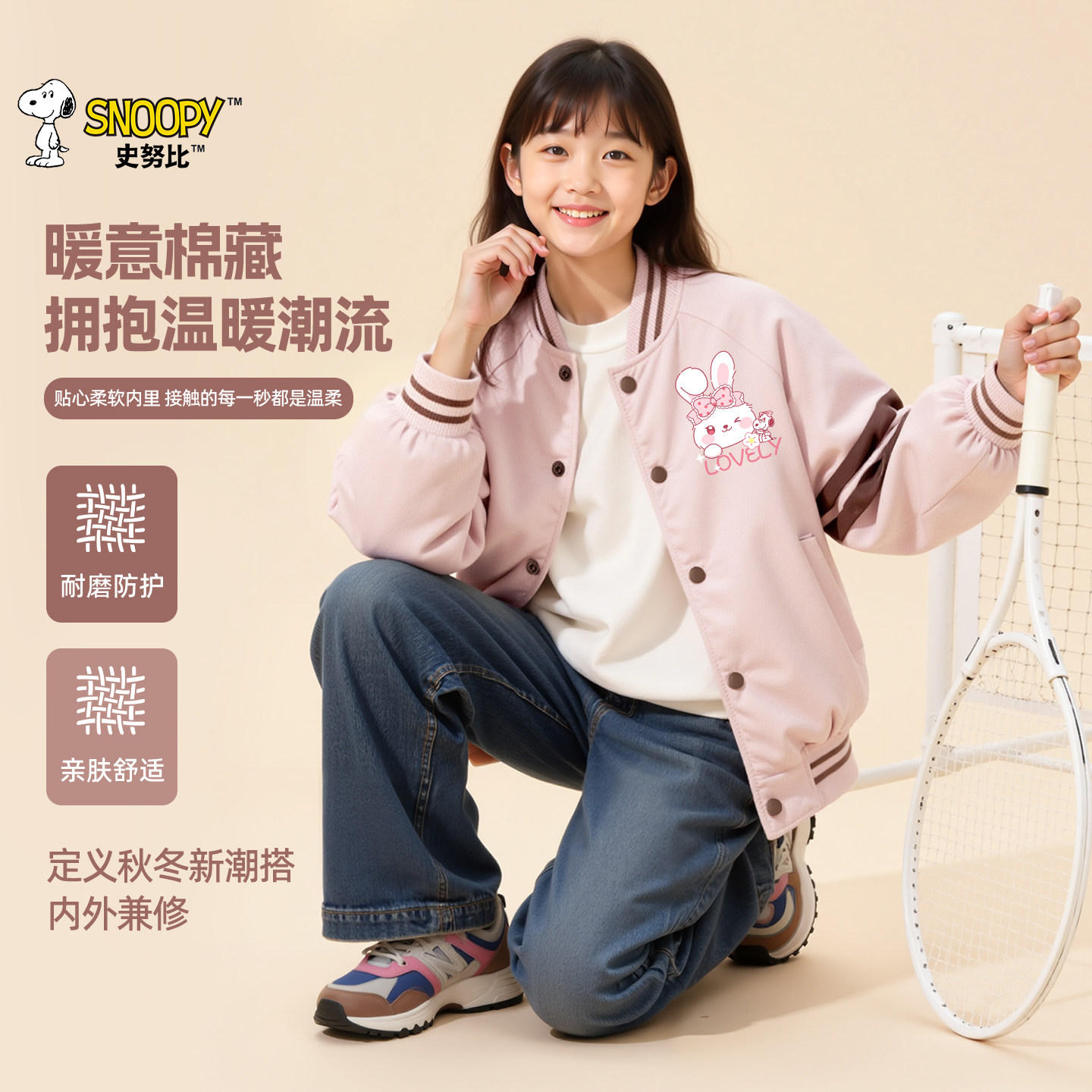 史努比秋冬季男童棒球服女童新款夹棉外套儿童休闲运动保暖上衣潮