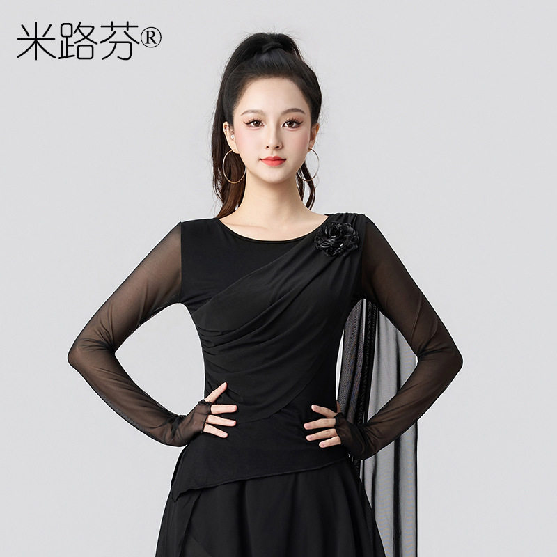 新款现代舞练功服女舞蹈服黑色中国舞古典舞成人飘纱形体服长袖