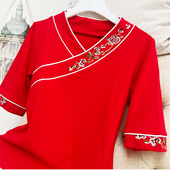 民族风绣花中袖 日常穿黑色半袖 国风上衣女中式 T恤女演出广场舞服