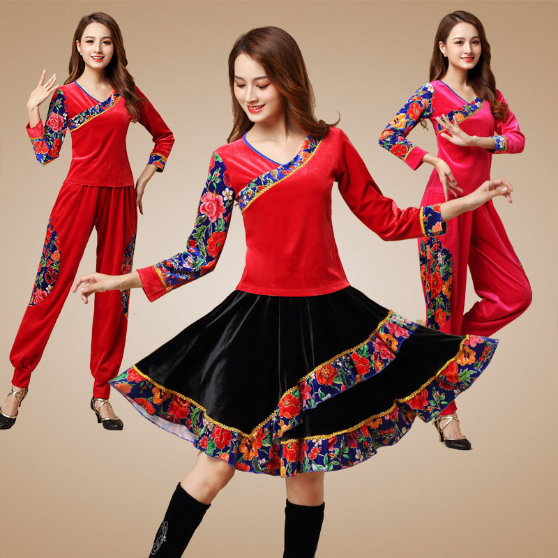 婷姿媄广场舞服装新款套装秋冬季金丝绒民族风秧歌古典表演舞蹈