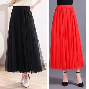 演出服广场舞裙新疆舞纱裙三层大摆裙网纱裙春夏飘逸百褶裙A字裙