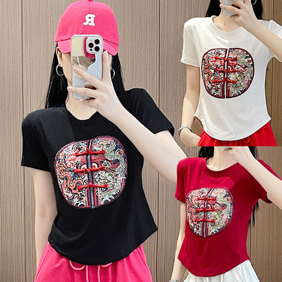 夏刺绣短袖T恤休闲上衣民族风女