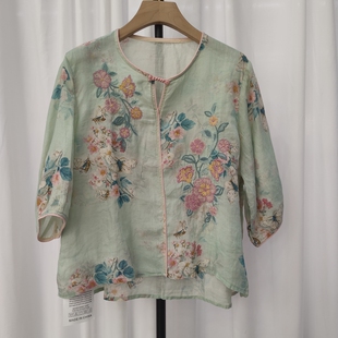 刺绣衬衫 圆领短袖 女宽松显瘦上衣女苎麻棉麻 女装 奥可儿2621夏新款