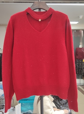 69373春季新款女圆领长袖针织衫毛衣打底衫纯色简约上衣镂空挂脖