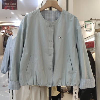 QXS5225春季新款女装圆领长袖短外套女宽松休闲夹克上衣格子拼接