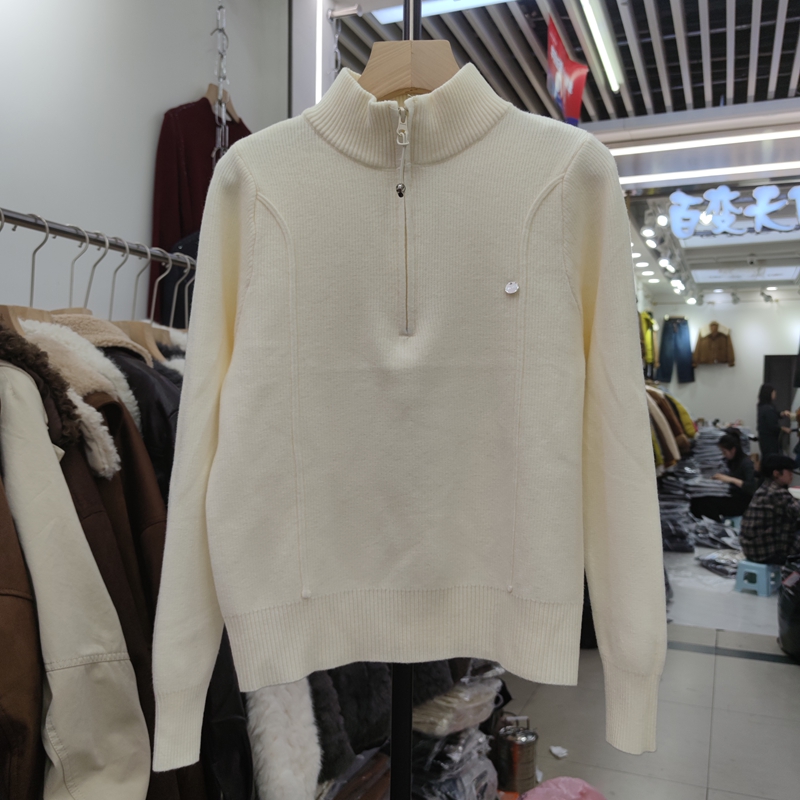 9527秋冬一体绒加厚保暖毛衣女半开领拉链针织打底衫内搭上衣