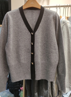 65261新款女V领长袖针织衫毛衣开衫外套上衣早春拼色简约百搭