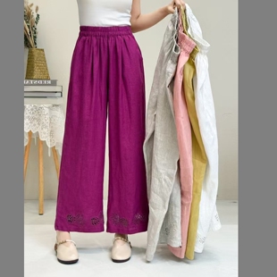 JH68290松紧腰裤腿镂空阔腿直筒亚麻棉麻裤子专柜品质夏季女装