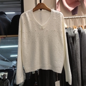 毛衣打底衫 9928秋冬女V领长袖 针织衫 宽松钉珠宽松上衣早春