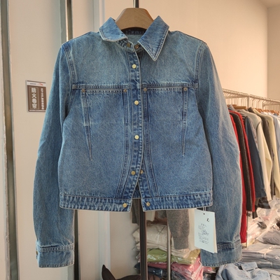 26003春季女翻领长袖牛仔外套水洗做旧复古怀旧开叉短款上衣垫肩