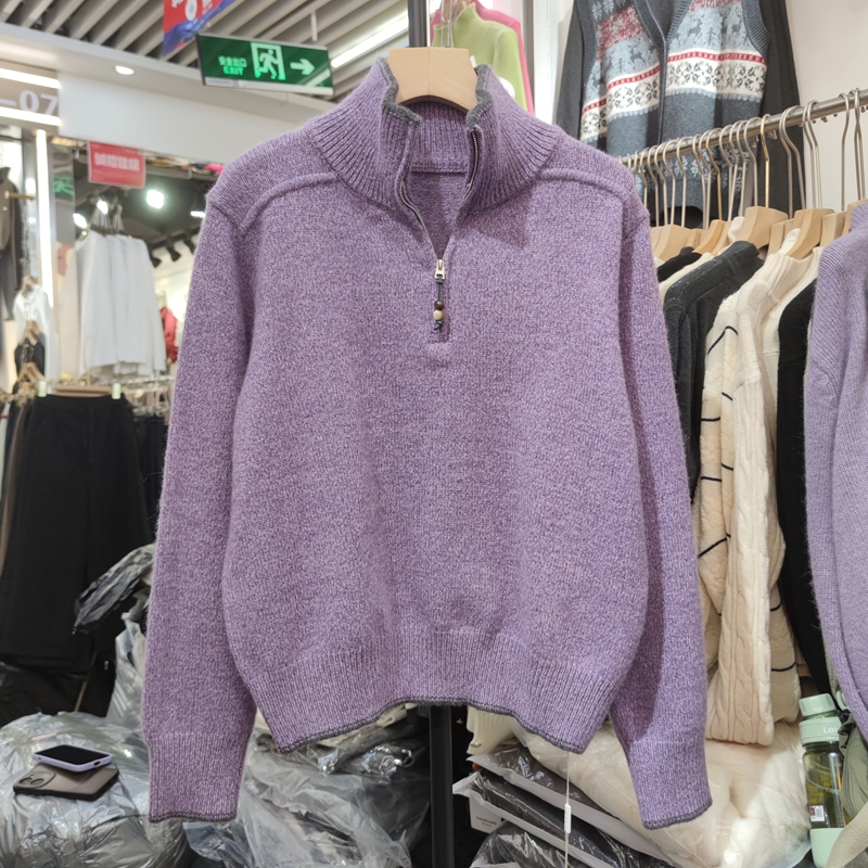 75396秋冬新款女半拉链长袖毛衣针织衫撞色打底衫宽松专柜品质