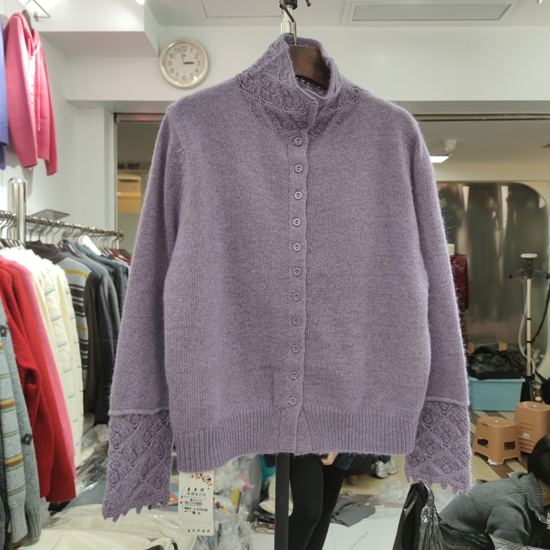 869秋冬蕾丝女半高领长袖纯色针织衫毛衣套头宽松打底衫假两件