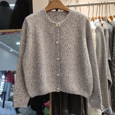 8816秋冬女圆领长袖针织衫毛衣开衫外套烫钻钉珠宽松上衣早春