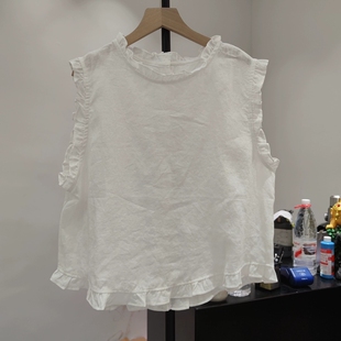 669616高级小众花边拼接亚麻棉麻衬衫夏季新款荷叶边背心上衣百搭