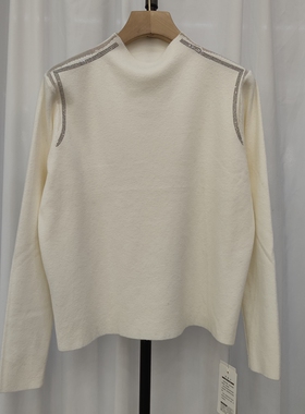 58609女半高领长袖针织衫毛衣套头打底衫肩膀烫钻简约上衣早春