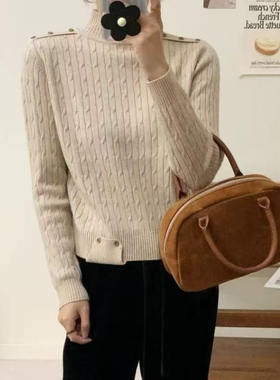 3381秋冬新款女半高领长袖纯色针织衫毛衣套头宽松上衣打底衫麻花