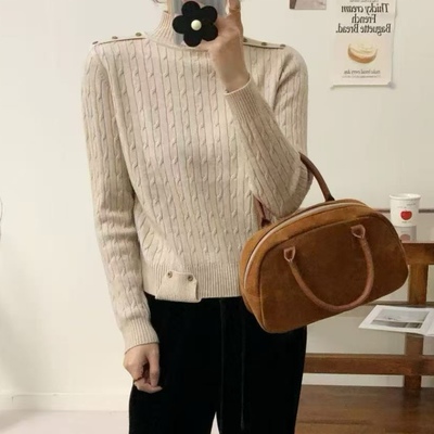 3381秋冬新款女半高领长袖纯色针织衫毛衣套头宽松上衣打底衫麻花
