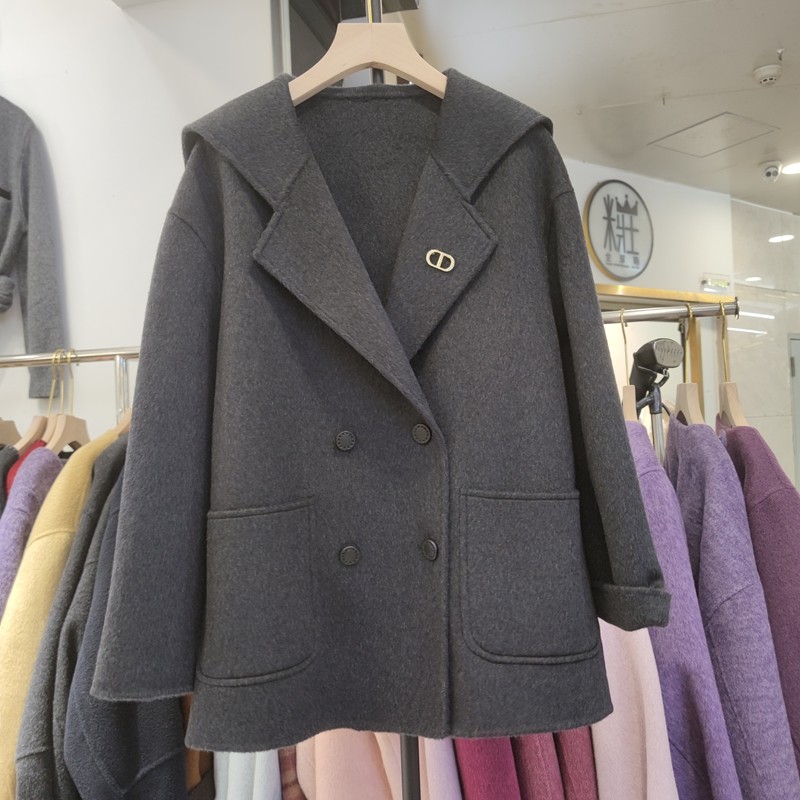 25110秋冬新款女海军领长袖纯色双面羊绒大衣中长款外套设计感