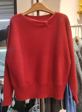 68236春季新款女一字领长袖针织衫毛衣蝴蝶结蝙蝠袖宽松专柜品质