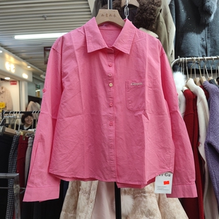 905春季女翻领长袖衬衫纯色简约休闲衬衣上衣口袋刺绣白色纽扣