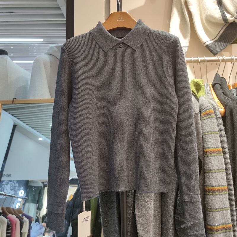 269秋冬新款女翻领长袖纯色针织衫毛衣套头宽松上衣打底衫简约