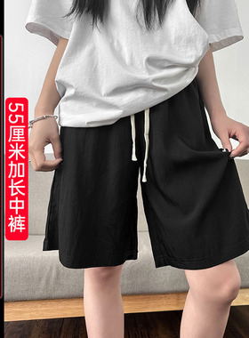 黑色运动短裤女夏季薄款2024新款港风中裤宽松直筒休闲阔腿五分裤