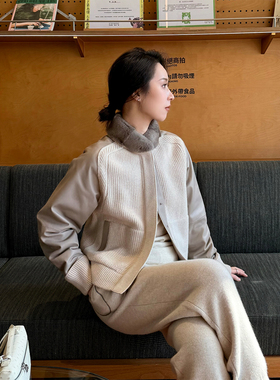 ALIN【鼎级LP】意大利mason*羊皮 丹麦紫标水貂领拼针织羊绒外套