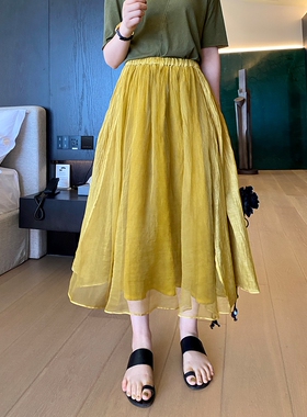 ALIN时髦有味道  显瘦篙级轻盈柔软桑蚕丝脏洗茶染纱半身裙