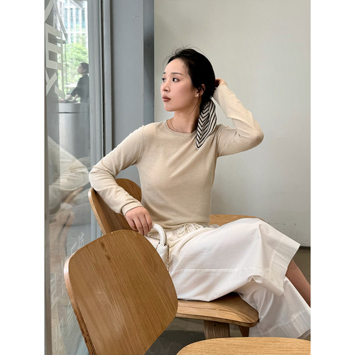 ALIN【意大利cariaggi】精纺真丝羊绒金银葱卷边长袖圆领针织衫