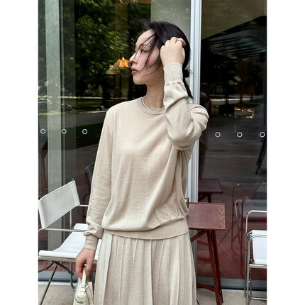 ALIN【意大利进口LP山羊绒纱线】燕麦色山羊绒圆领针织衫