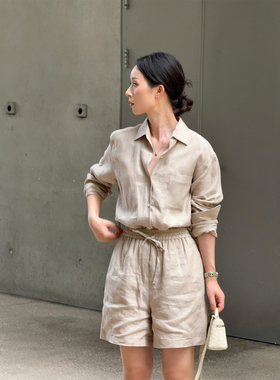 ALIN意式LP度假 法国进口原色亚麻宽松衬衣+松紧腰短裤套装