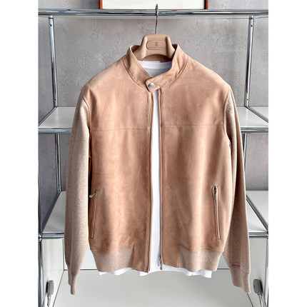 ALIN男装bc意式 新西兰进口羊皮绒拼针织羊毛立领夹克外套