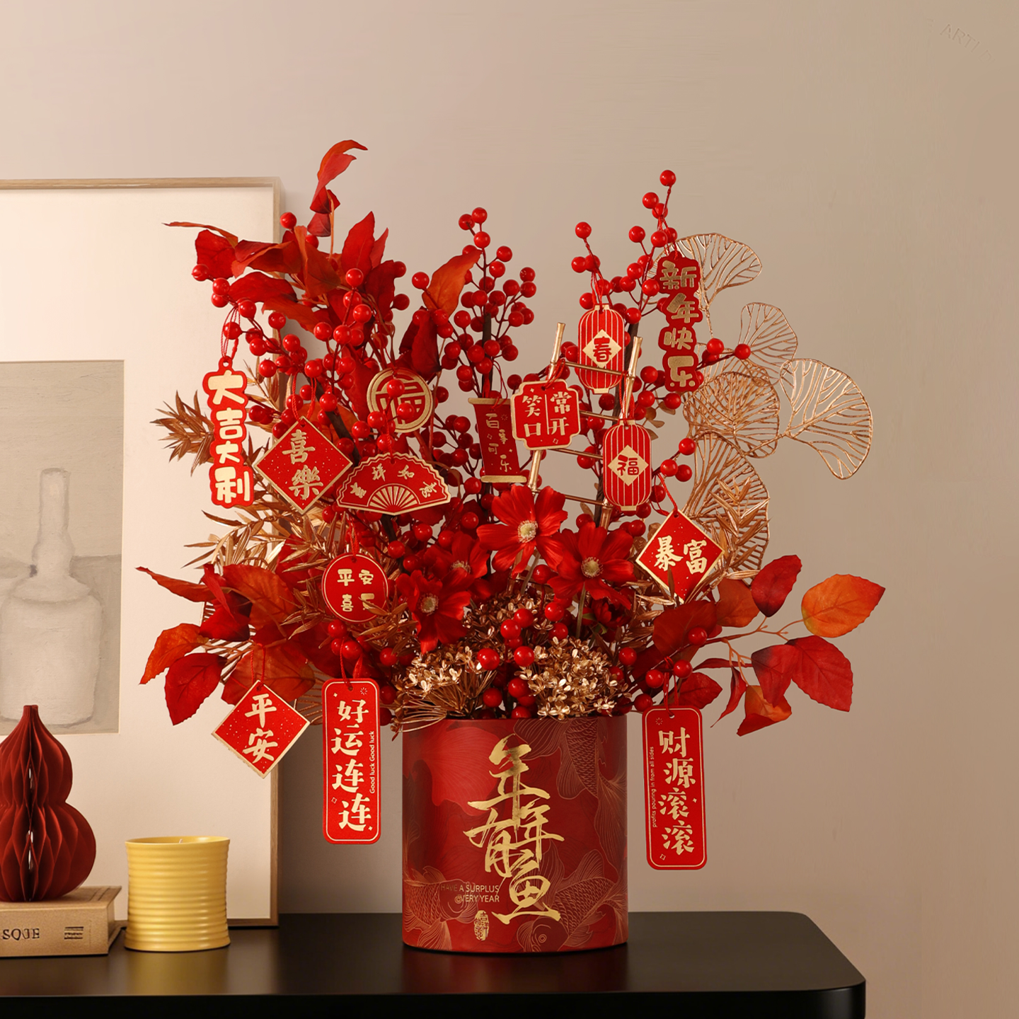 贝汉美过年装饰新年抱抱桶桌面布置红色摆件马年吉祥物发财果福桶,家居饰品,桌面摆件,淘宝优惠券,粉丝福利购,淘宝优惠卷