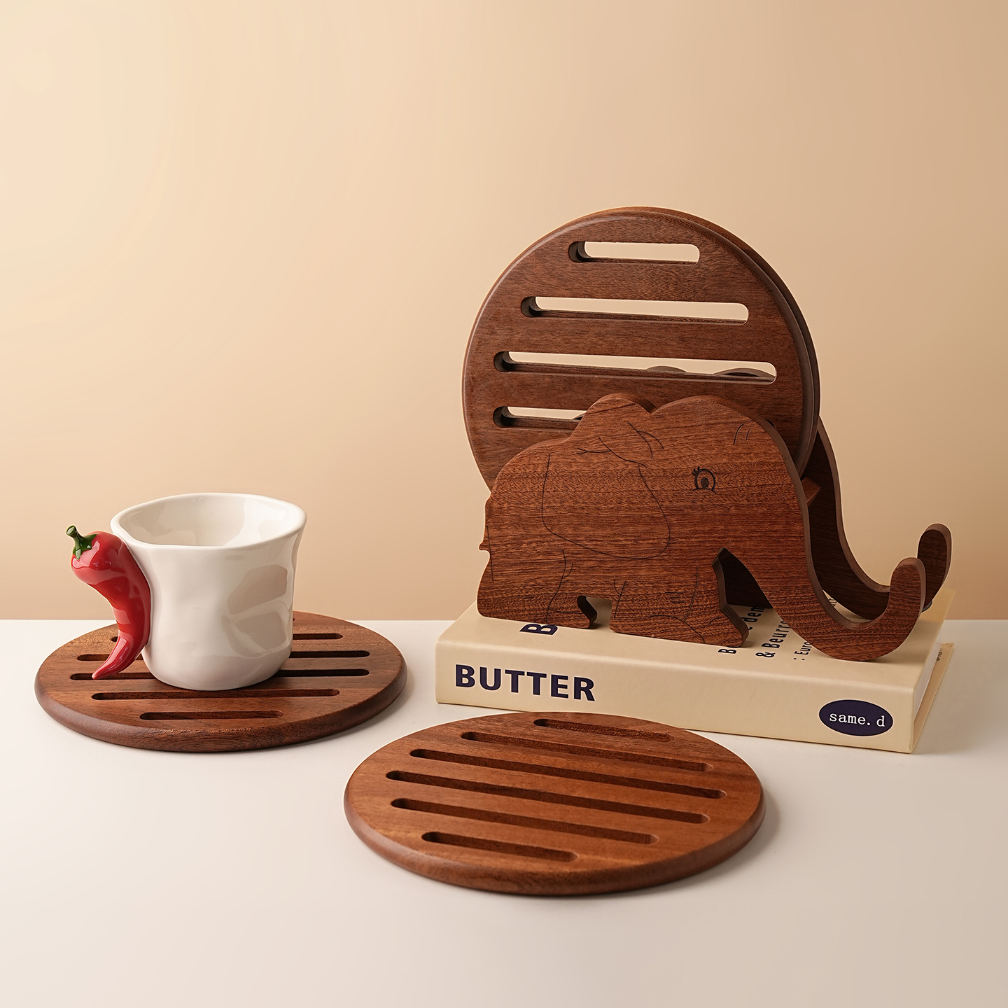 贝汉美卡通木质杯垫厨房隔热垫