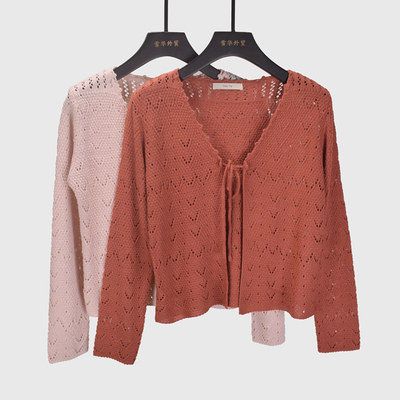 针织开衫V领系带长袖短款上衣女