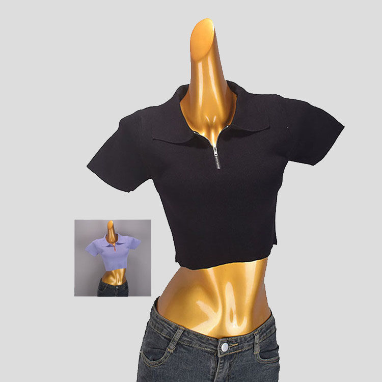 小个子高腰短袖T恤女 2025年夏季新款翻领修身短款上衣针织打底衫