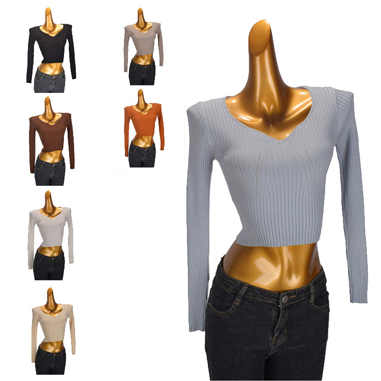 法式v领长袖针织打底衫女 秋冬新款洋气百搭修身短款弹力内搭上衣