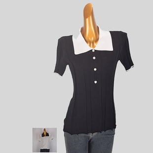 学院风短袖娃娃领冰丝针织衫女夏季新款修身短款时尚纽扣翻领上衣