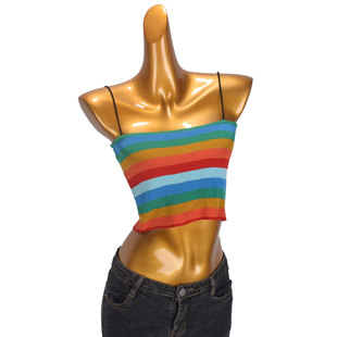无袖 彩虹条纹针织小吊带背心女夏季 短款 外穿内搭修身 打底上衣 新款
