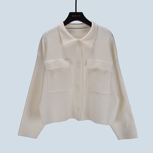 法式气质翻领长袖针织开衫女秋季新款小个子白色宽松短款上衣外套
